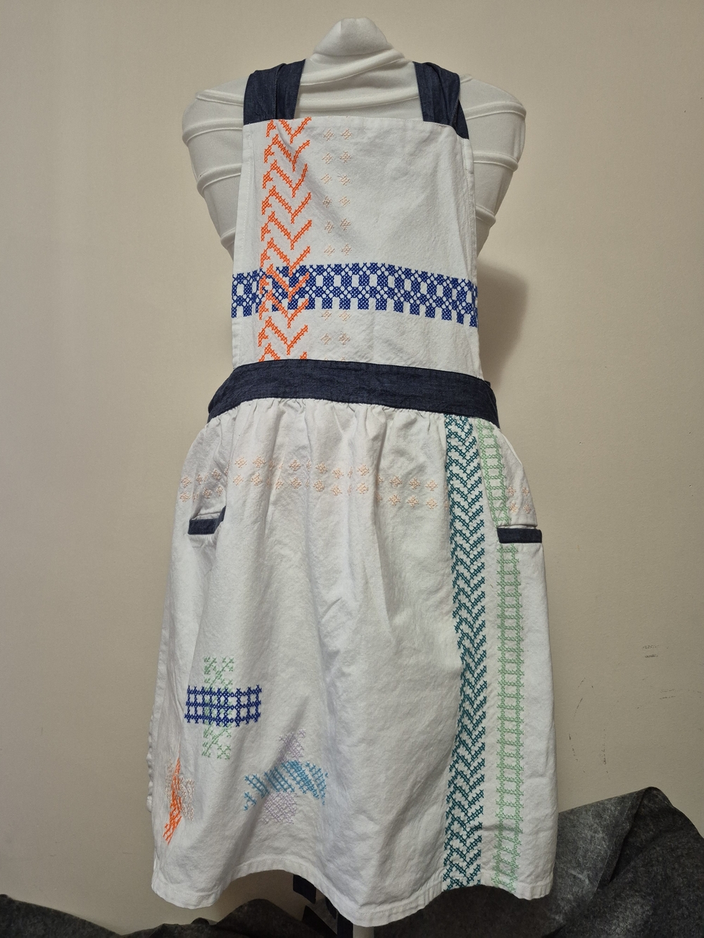 Anthropologie White Cotton Embroidered Pinafore Dress with Navy Accents